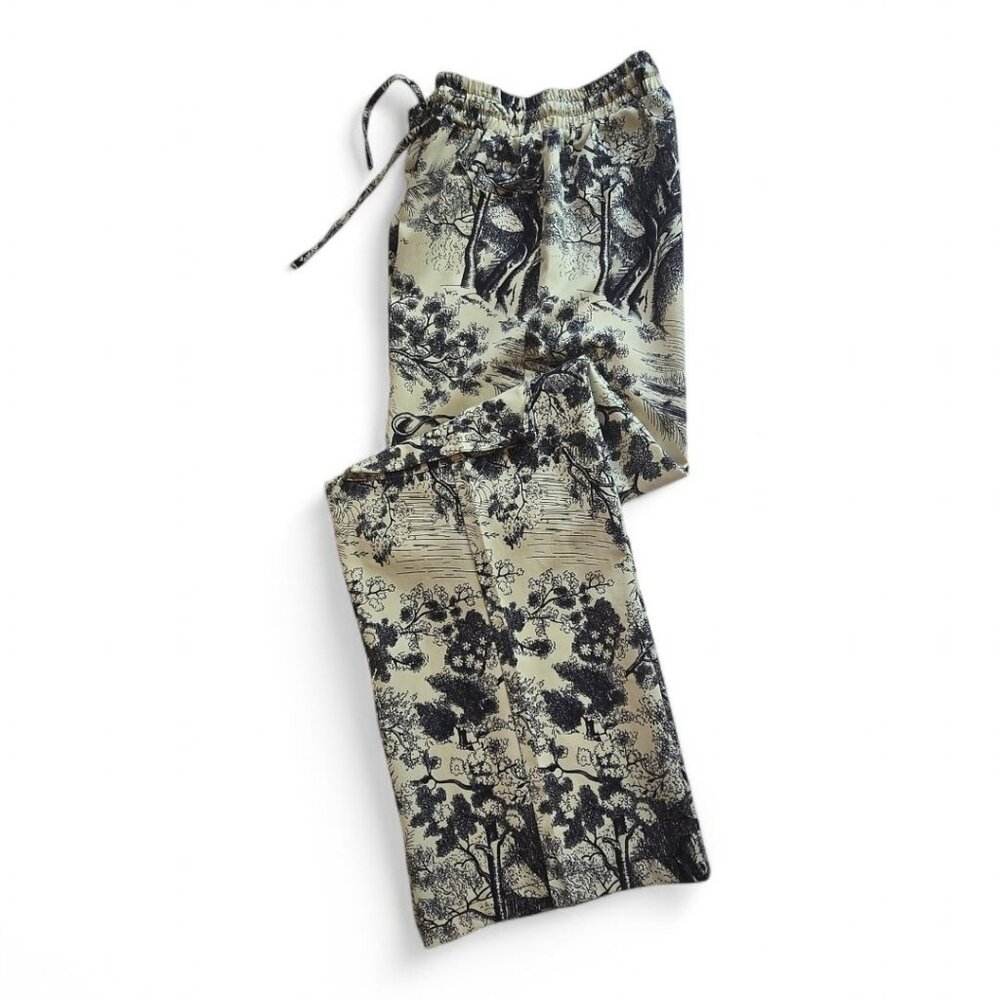 Face Fashion Toile Print Wide-Leg Pants Elastic Waist Cotton Blend Beige/Blue - Picture 8 of 11